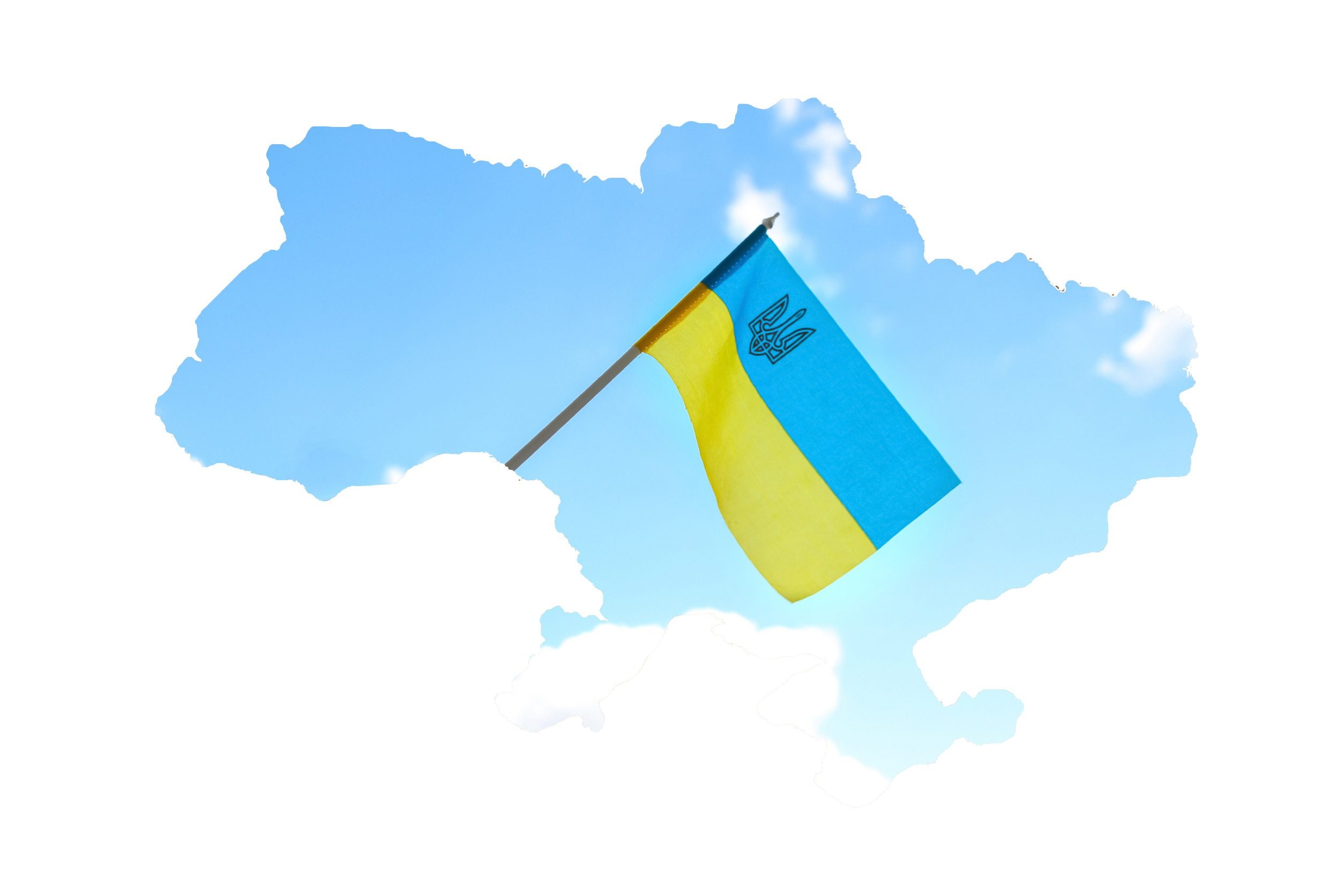 Flaga Ukrainy na niebieskim tle w kształcie kraju na mapie