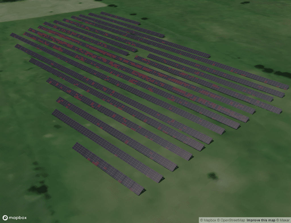 The image shows a 3D map of a solar power plant generated with PV SENSE.