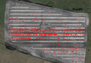 The image shows an orthophoto map generated with PV SENSE with marked defects.