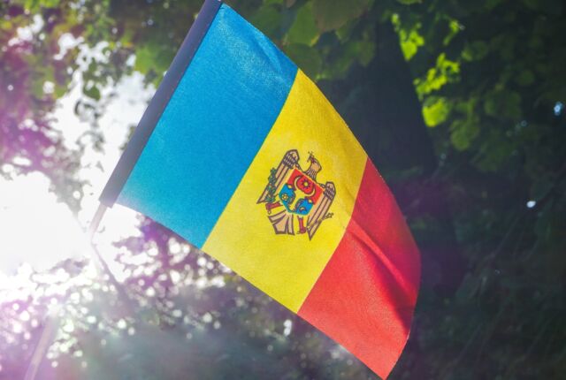 Flaga Mołdawii na tle zielonego drzewa