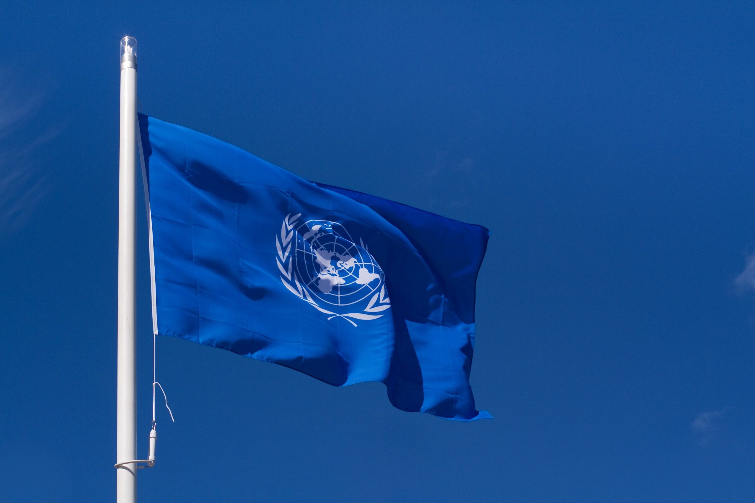Flaga ONZ na tle błękitnego nieba