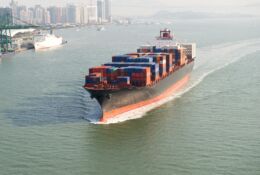 Large container ship arriving at the port