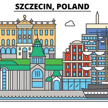 wielokolorowa grafika budynkow z napisem Szczecin, Poland