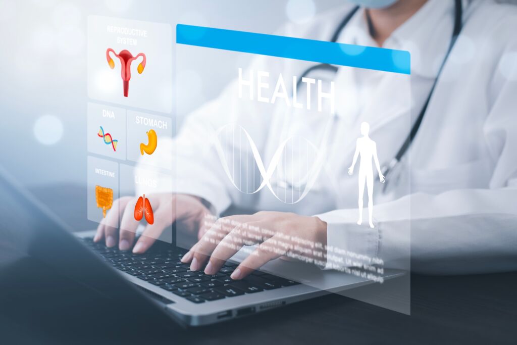 Digitalization of the healthcare sector - Doctor using laptop and medical network connection icon on virtual screen interface