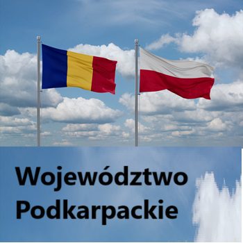 flafi Rumunii i Polski, poniżej napis- Województwo Podkarpackie