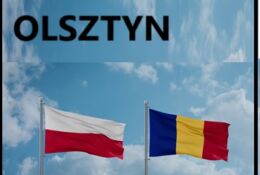 flagi-polska i rumuńska, powyzej nazwa miasta-Olsztyn