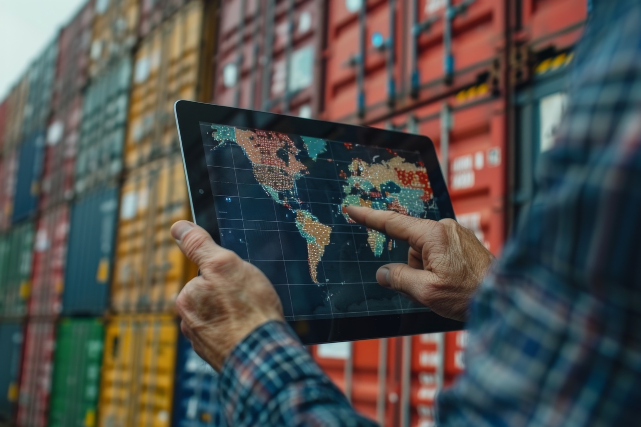 containers and an employee holding a tablet with a world map