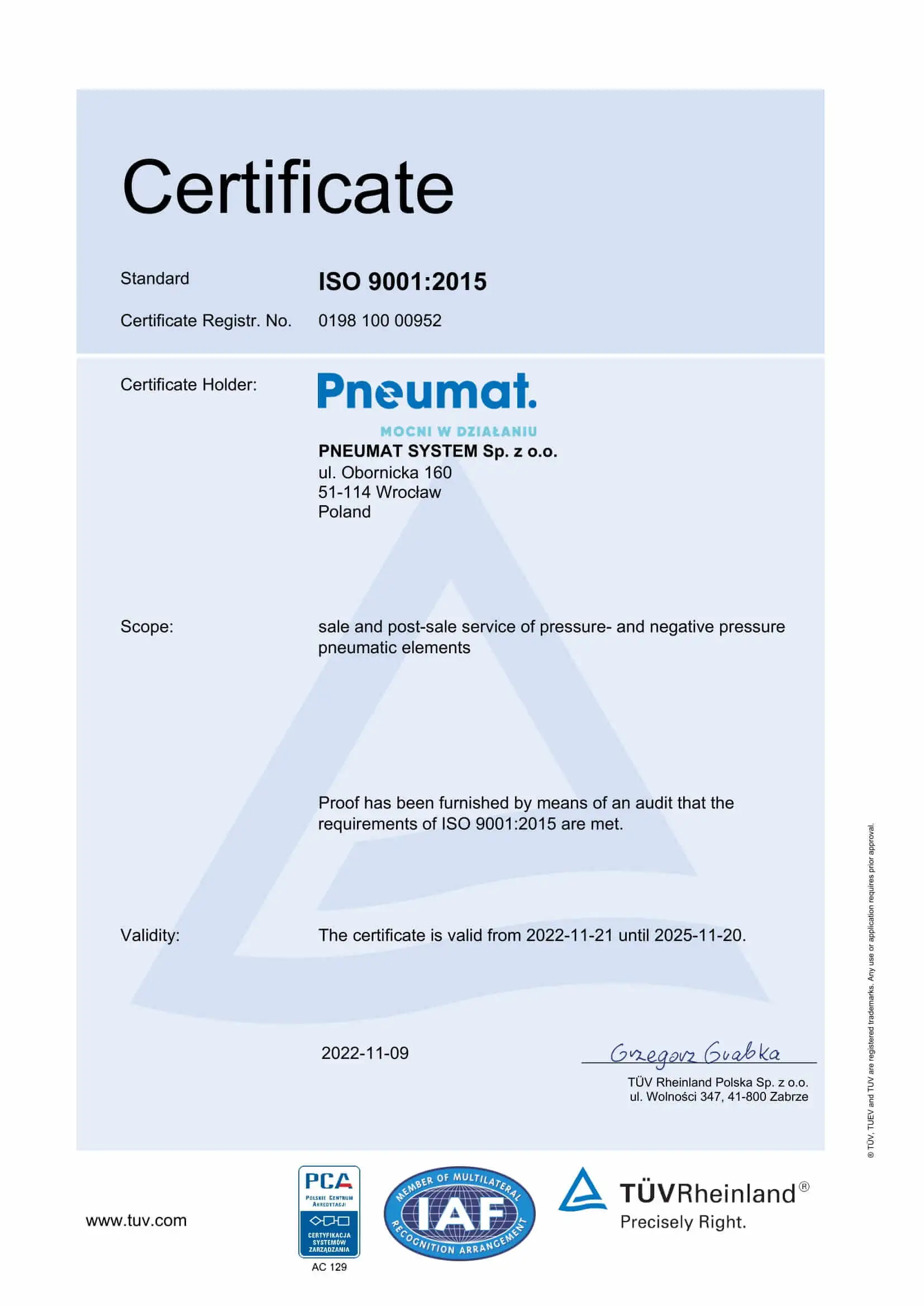 ISO certyficate Pneumat