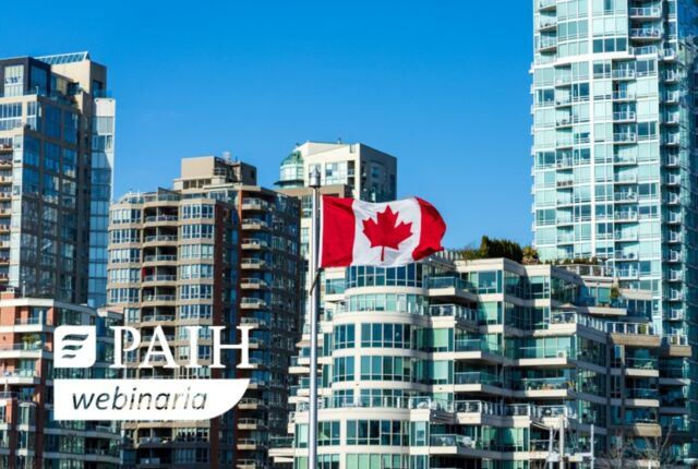 widok Toronto z flagą kanadyjską i napis webinaria PAIH