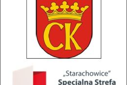 herb miasta Kielce z koroną i literami CK oraz napis :Staracjowice Specjalna Strefa Ekonomiczna