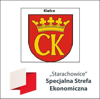 herb miasta Kielce z koroną i literami CK oraz napis :Staracjowice Specjalna Strefa Ekonomiczna