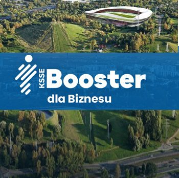 widok na stadion wsrod drzew i napis Booster dla Biznesu