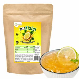 The photo features a lemon-flavored kisiel with no added sugar, presented in eco-friendly paper packaging and prepared.