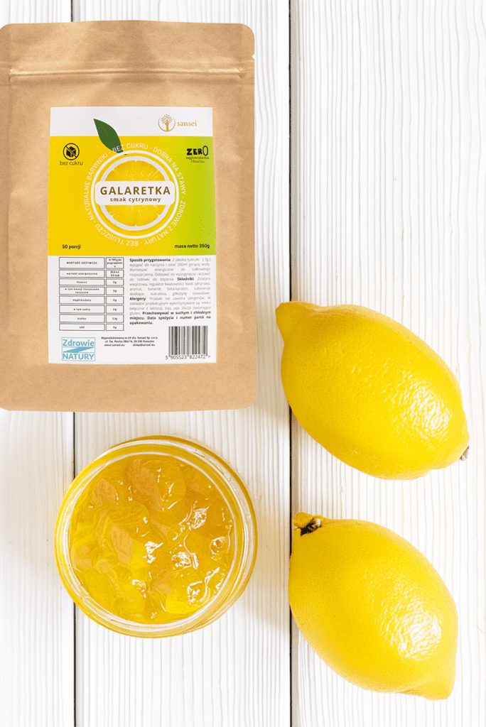 The photo features a SANSEI lemon-flavored sugar-free jelly