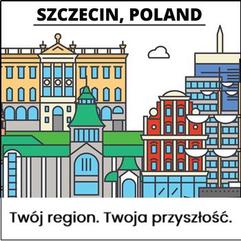 wielokolorowe grafiki budynkow z nazawa Szczecin i tytulem spotkania