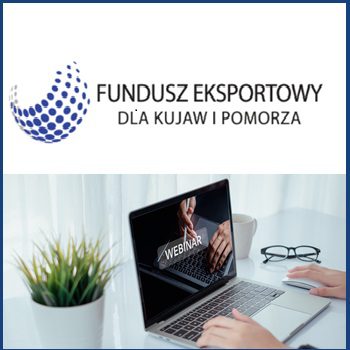 osoba siedząca przy laptopie i napis webinar